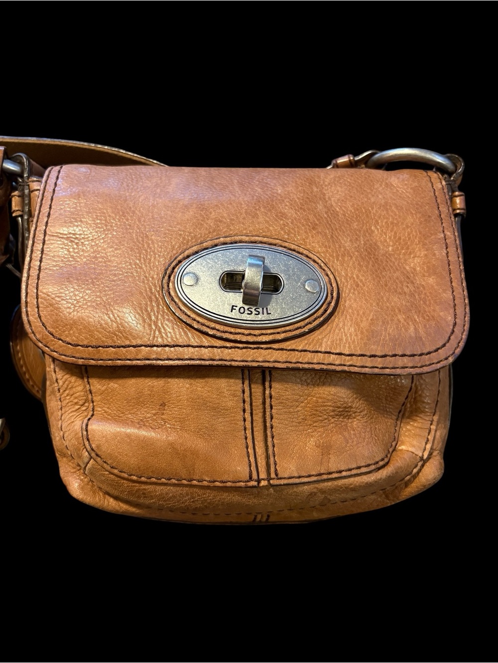 Fossil Vintage Cognac Leather Crossbody with Silver Turn-Lock